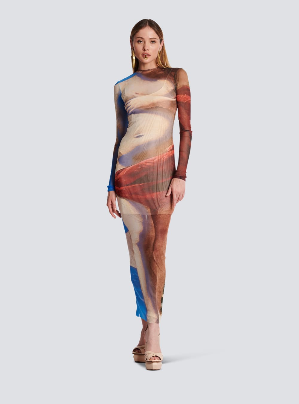 Women's Balmain Trompe-l'oeil Printed Tulle Maxi Dress Multicolor | USA rMGI5KgW