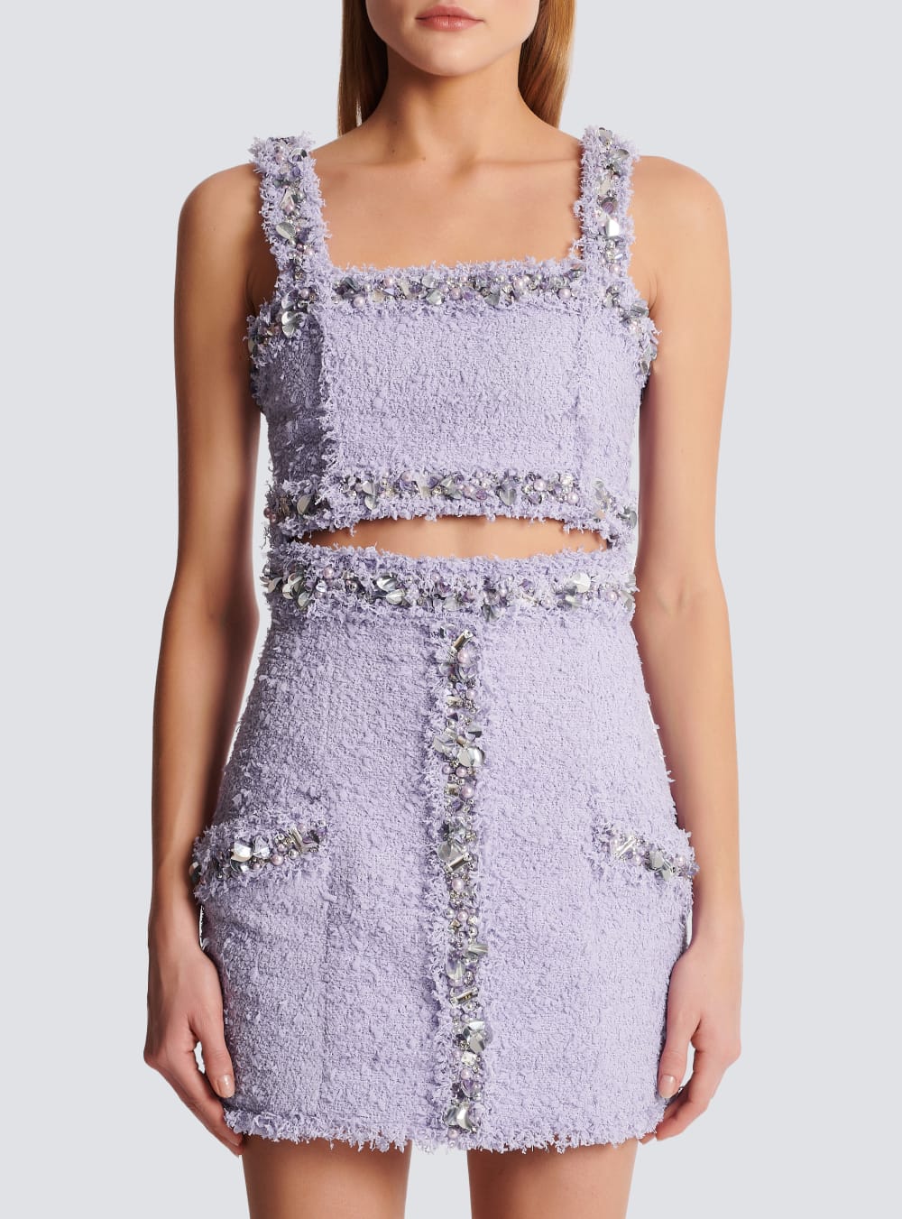 Women's Balmain Tweed Bra With Embroidered Details Tops Purple | USA z6QNnIKC