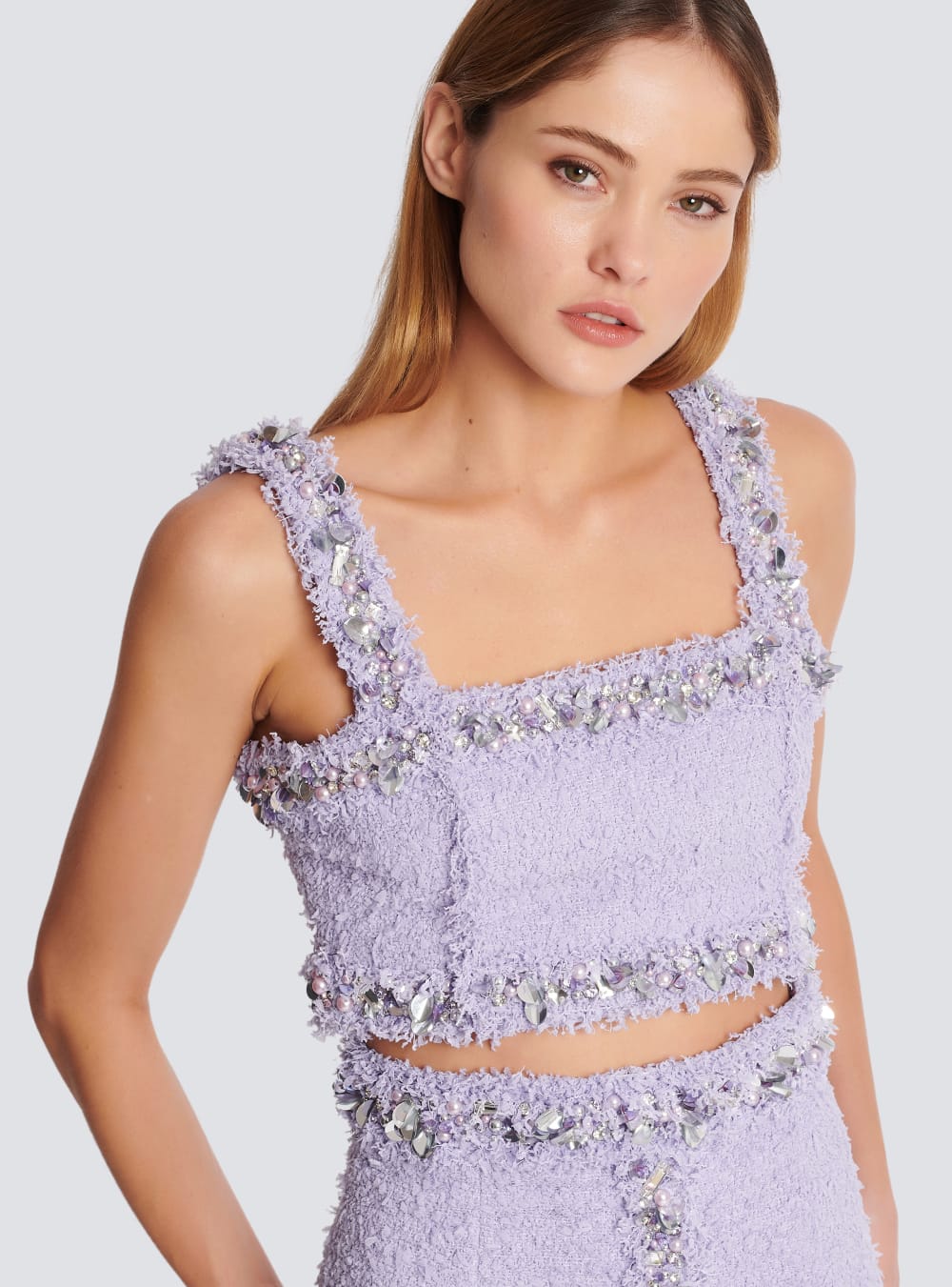 Women's Balmain Tweed Bra With Embroidered Details Tops Purple | USA z6QNnIKC