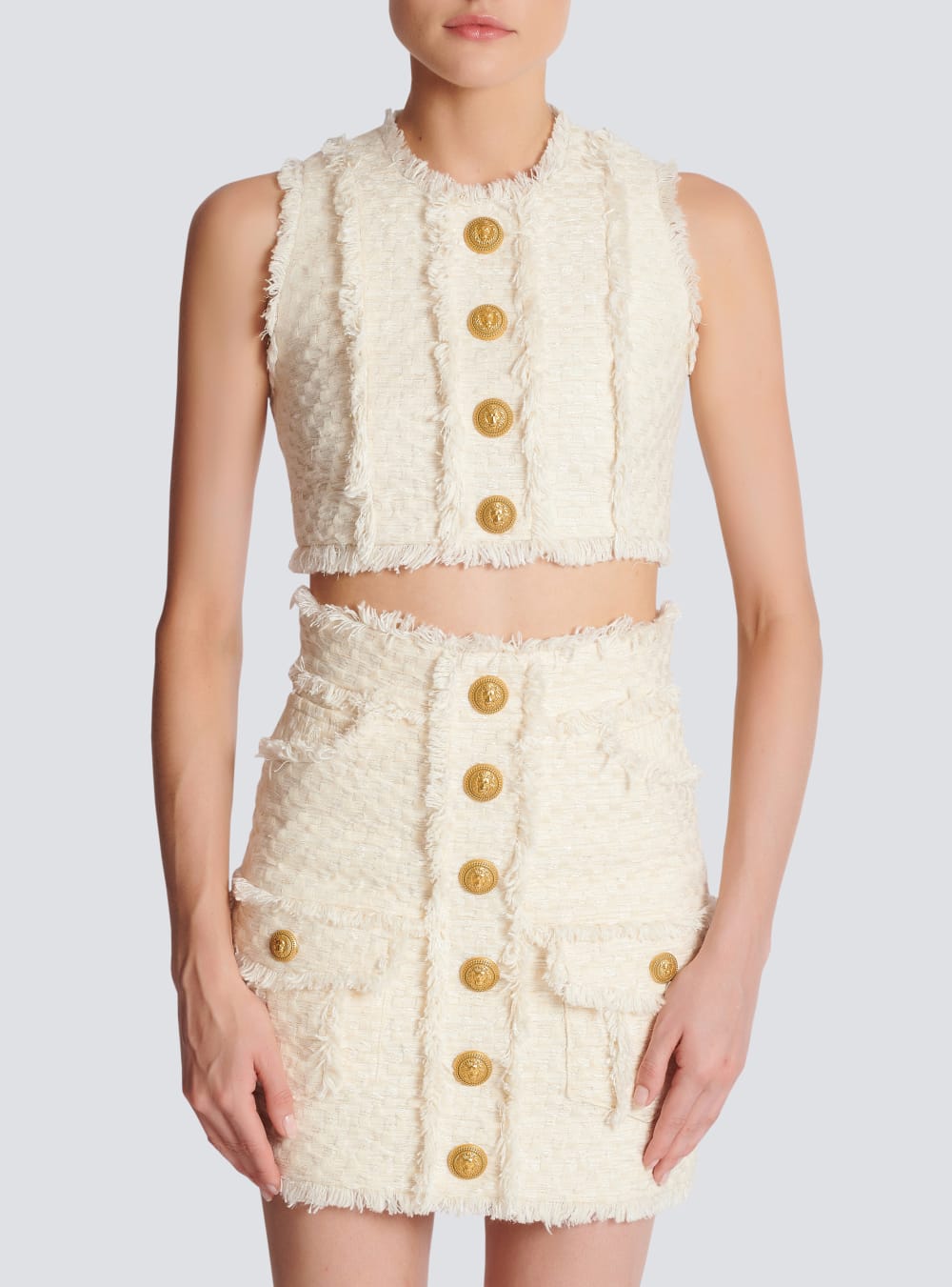 Women's Balmain Tweed Crop With Buttons Tops White | USA 3WrJCcY1