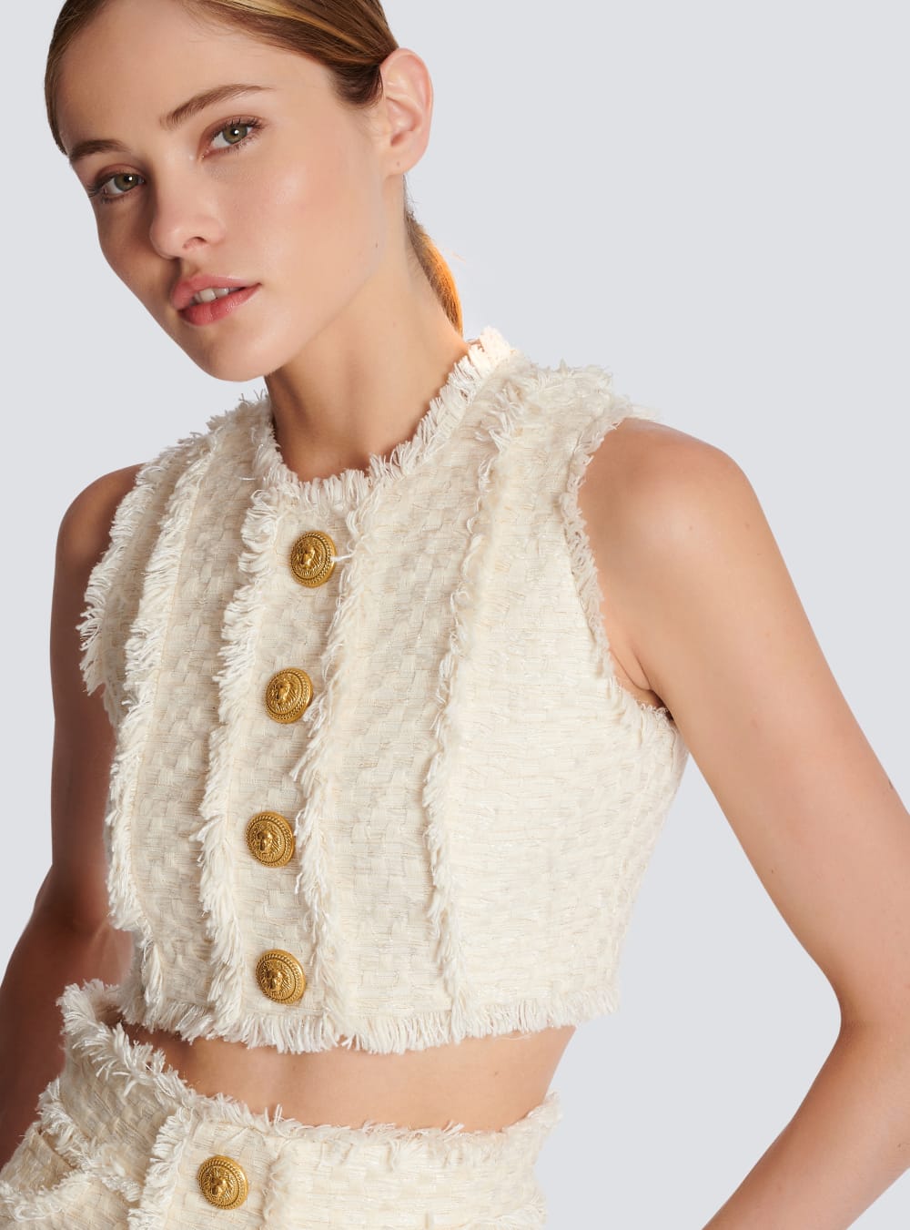 Women's Balmain Tweed Crop With Buttons Tops White | USA 3WrJCcY1