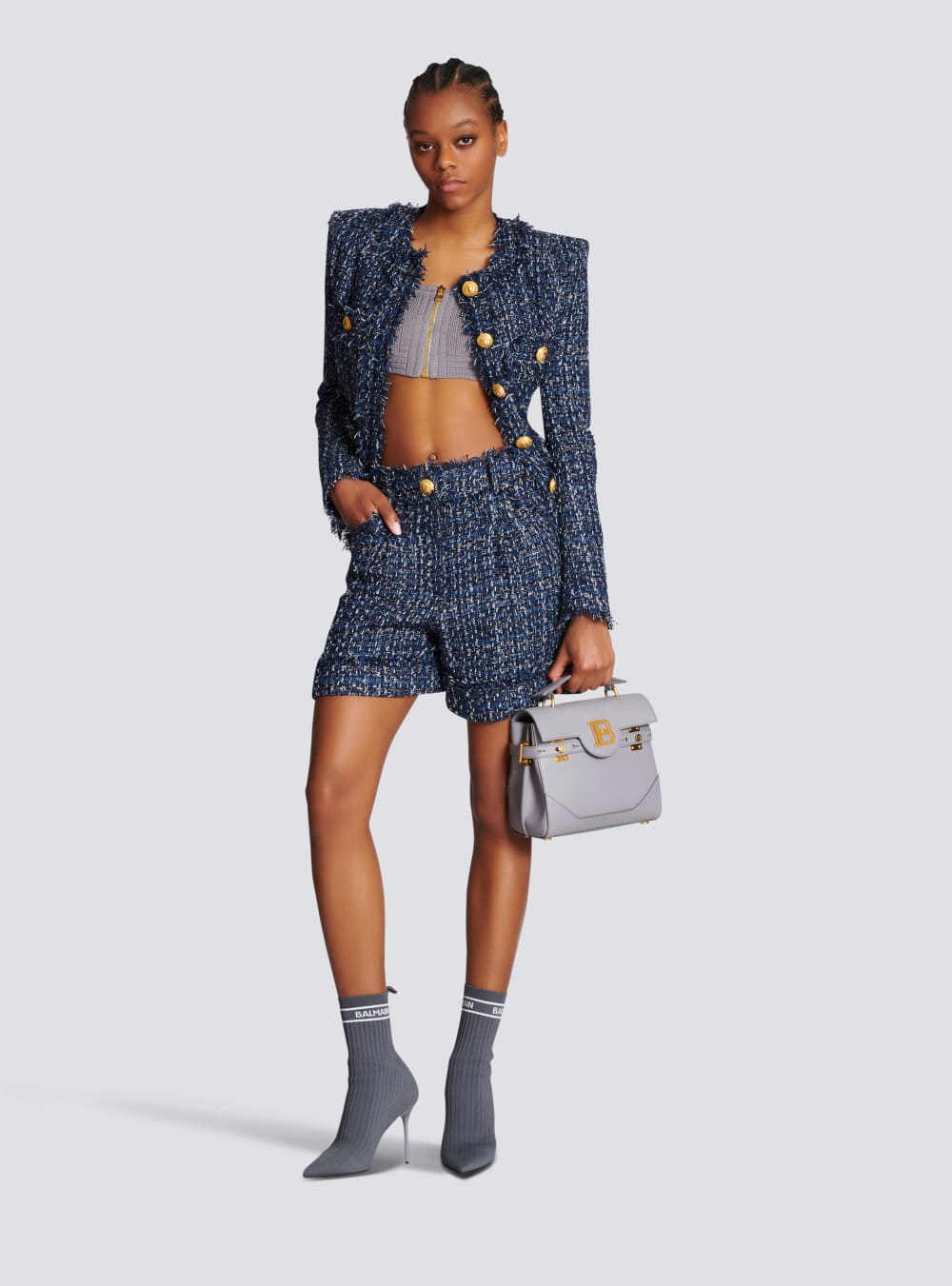 Women's Balmain Tweed High-waisted Shorts Navy | USA Mx98dRIu