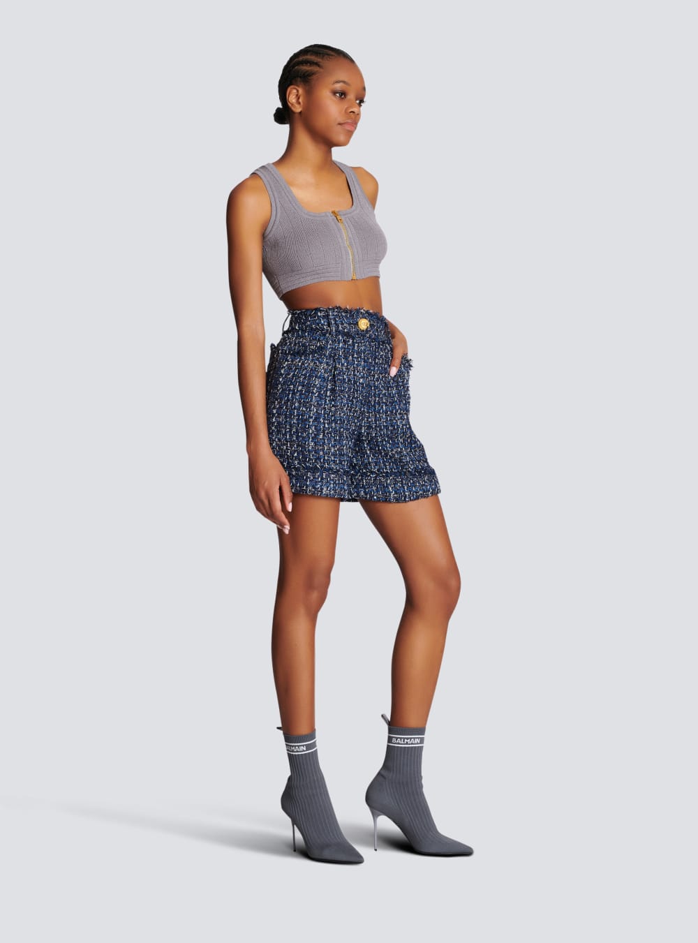 Women's Balmain Tweed High-waisted Shorts Navy | USA Mx98dRIu