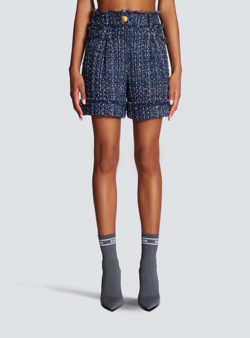 Women's Balmain Tweed High-waisted Shorts Navy | USA Mx98dRIu