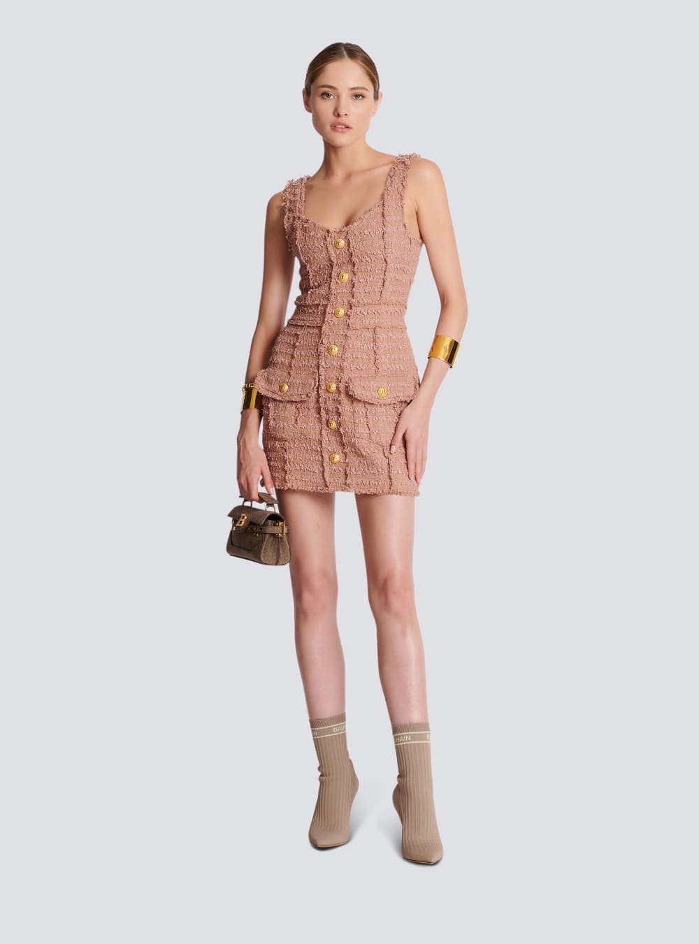 Women's Balmain Tweed With Straps Dress Beige | USA OgKROyM0