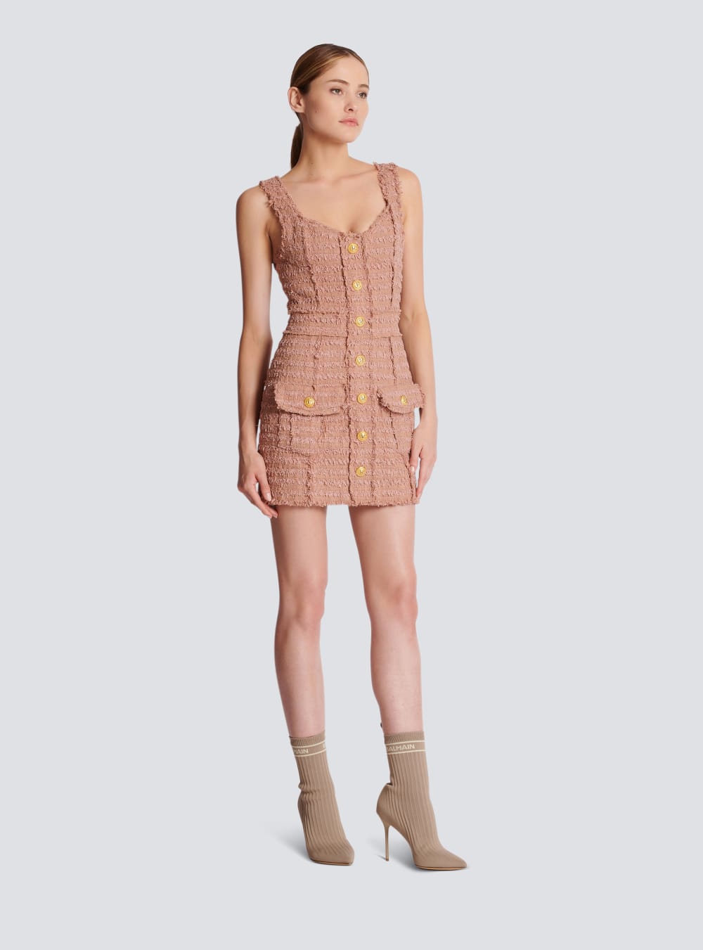 Women's Balmain Tweed With Straps Dress Beige | USA OgKROyM0