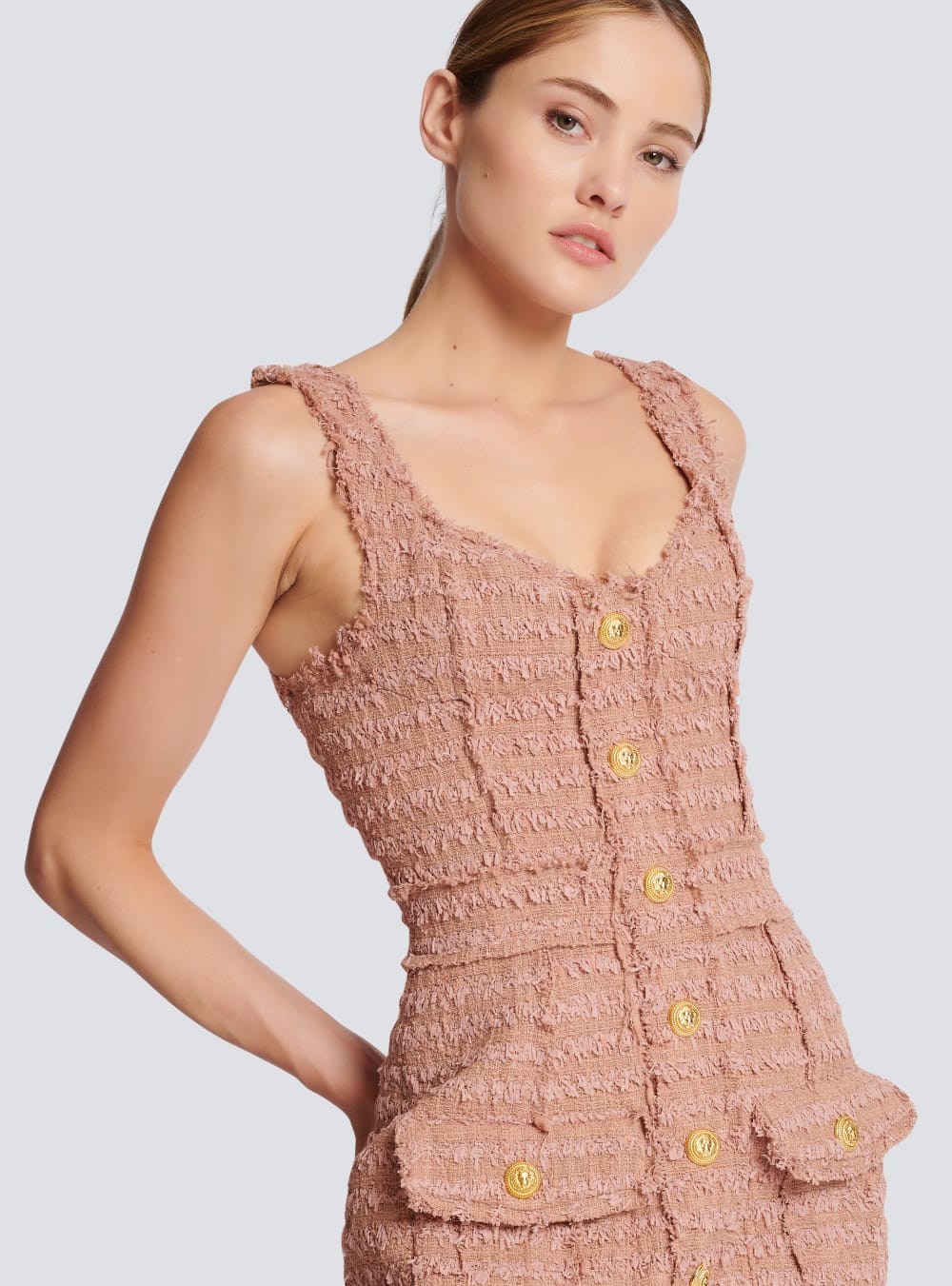 Women's Balmain Tweed With Straps Dress Beige | USA OgKROyM0