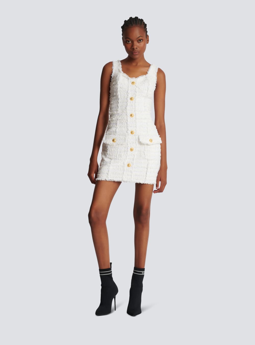 Women's Balmain Tweed With Straps Dress White | USA WI0ZDVBQ