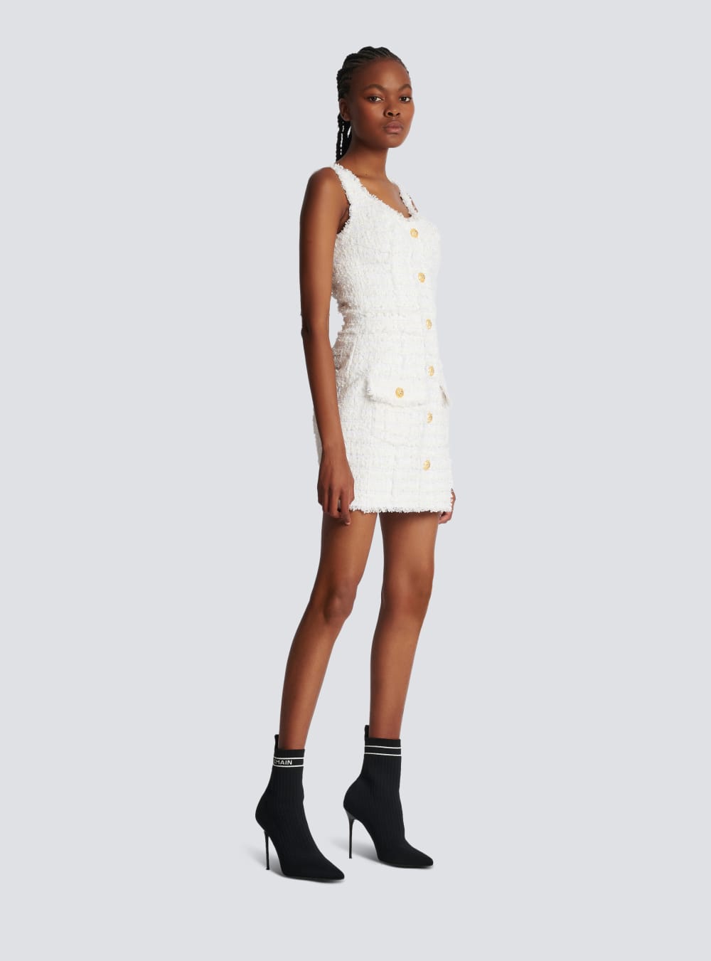 Women's Balmain Tweed With Straps Dress White | USA WI0ZDVBQ