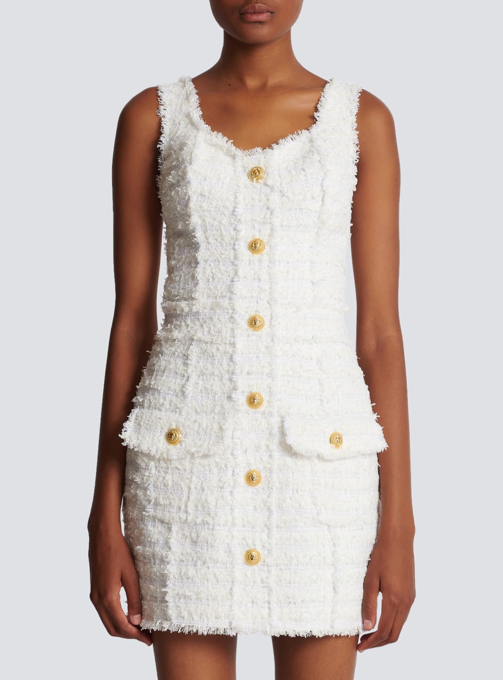 Women's Balmain Tweed With Straps Dress White | USA WI0ZDVBQ