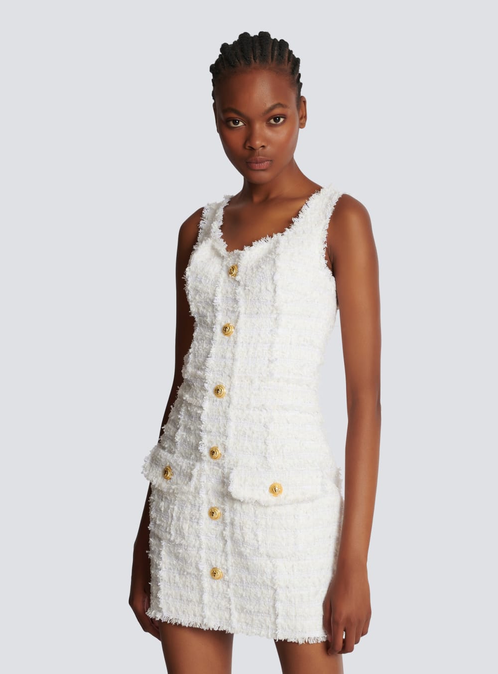 Women's Balmain Tweed With Straps Dress White | USA WI0ZDVBQ