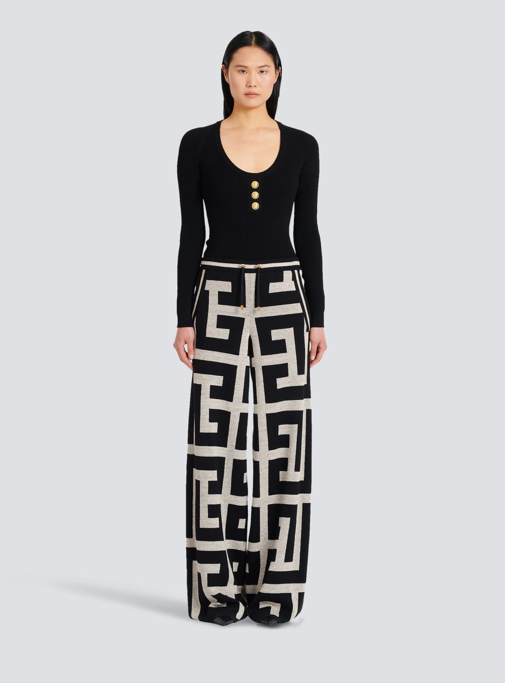 Women's Balmain Wide Knit With Maxi Monogram Trousers Black | USA oINbMbyS