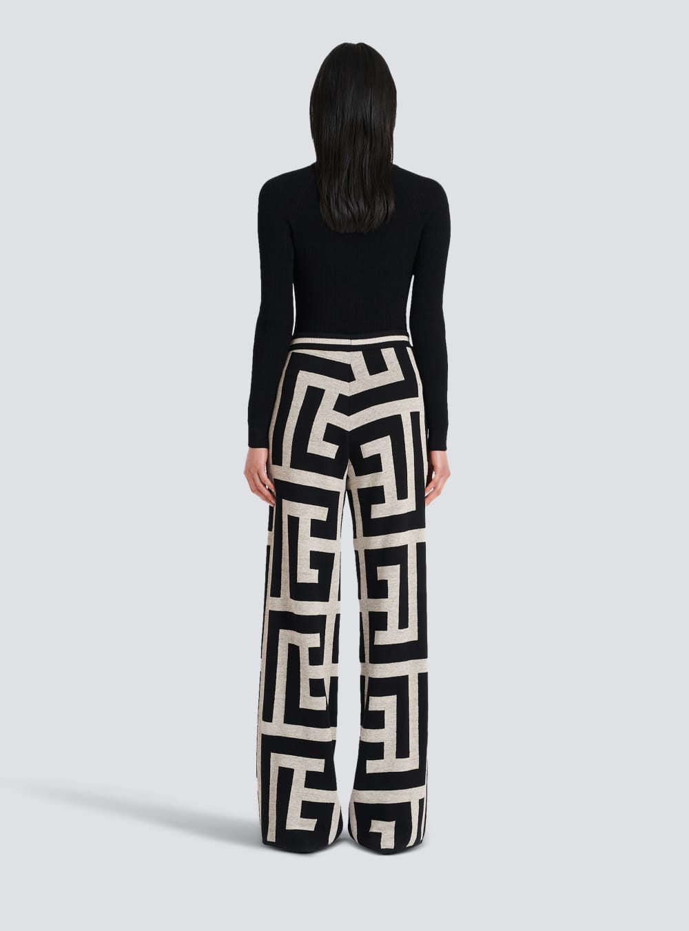 Women's Balmain Wide Knit With Maxi Monogram Trousers Black | USA oINbMbyS