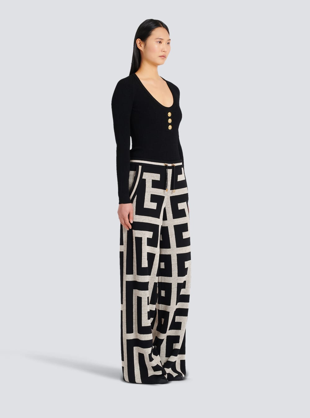 Women's Balmain Wide Knit With Maxi Monogram Trousers Black | USA oINbMbyS