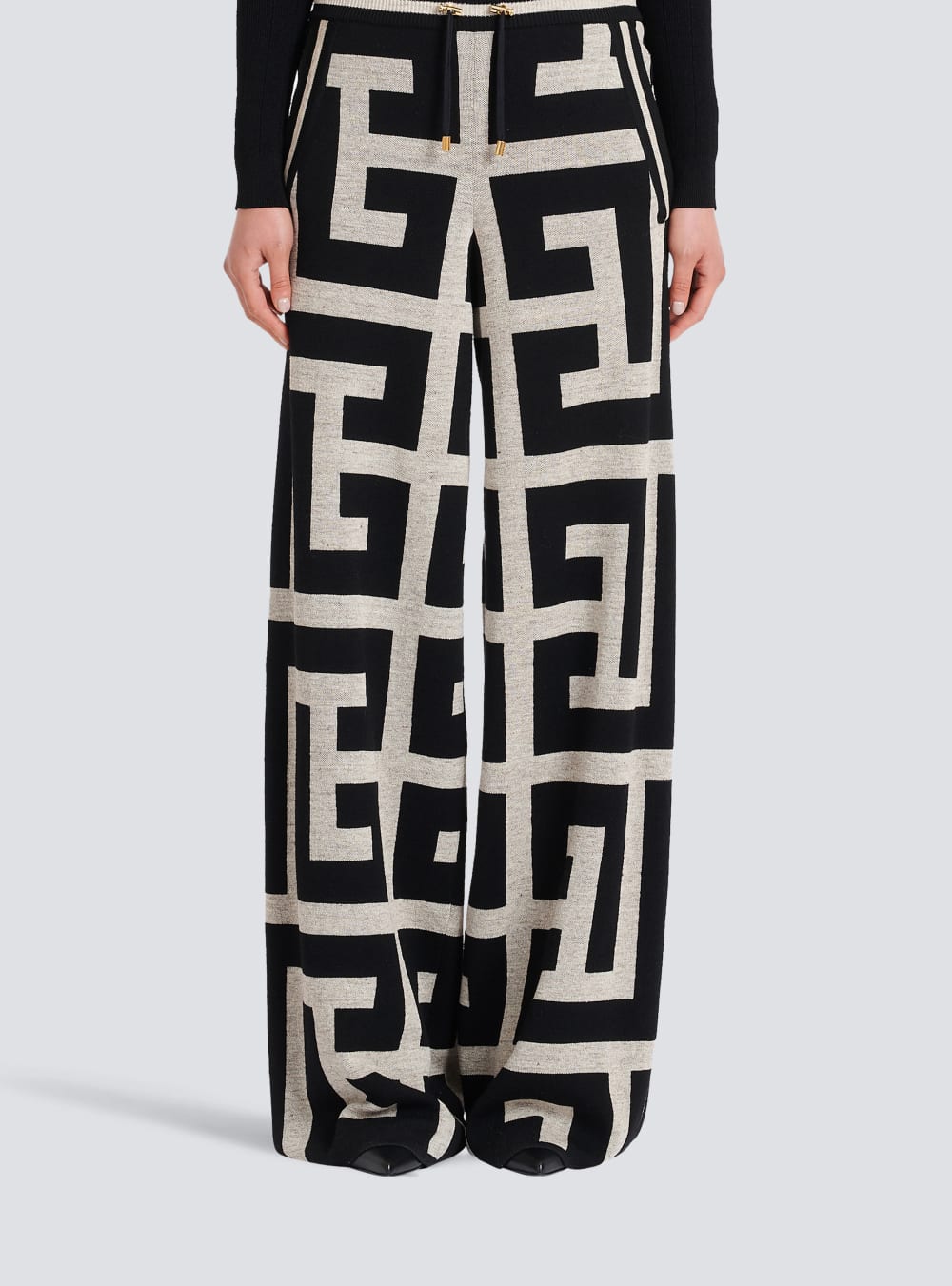 Women's Balmain Wide Knit With Maxi Monogram Trousers Black | USA oINbMbyS