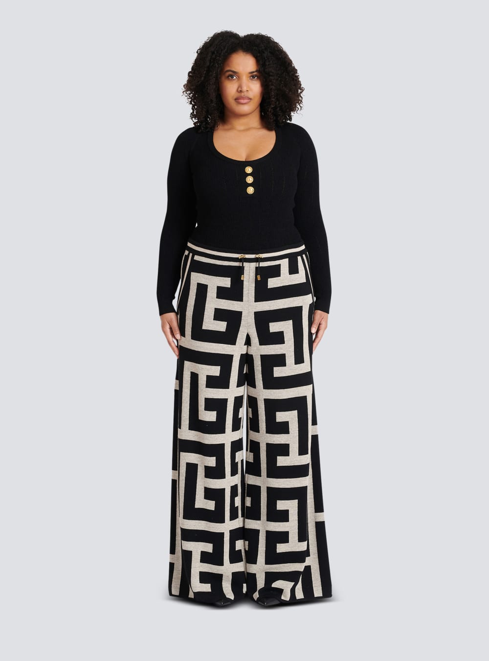 Women's Balmain Wide Knit With Maxi Monogram Trousers Black | USA oINbMbyS