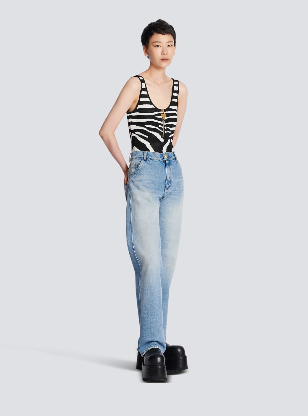 Women's Balmain Wide-leg Faded Denim Jeans Blue | USA 4HRbehc6