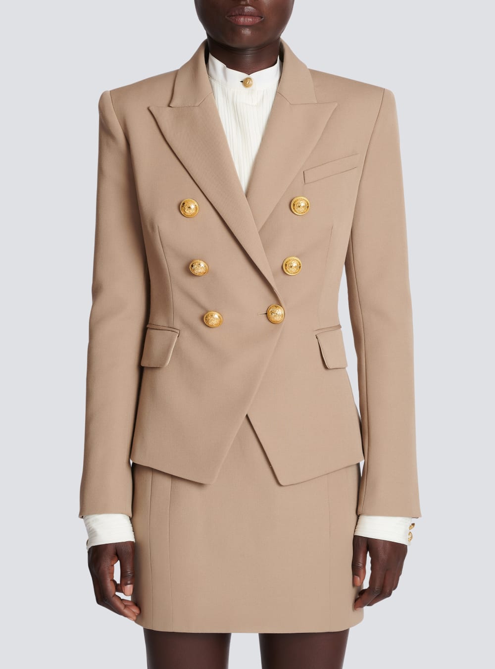 Women's Balmain Wool Double-breasted Blazers Beige | USA ImQEkuYm