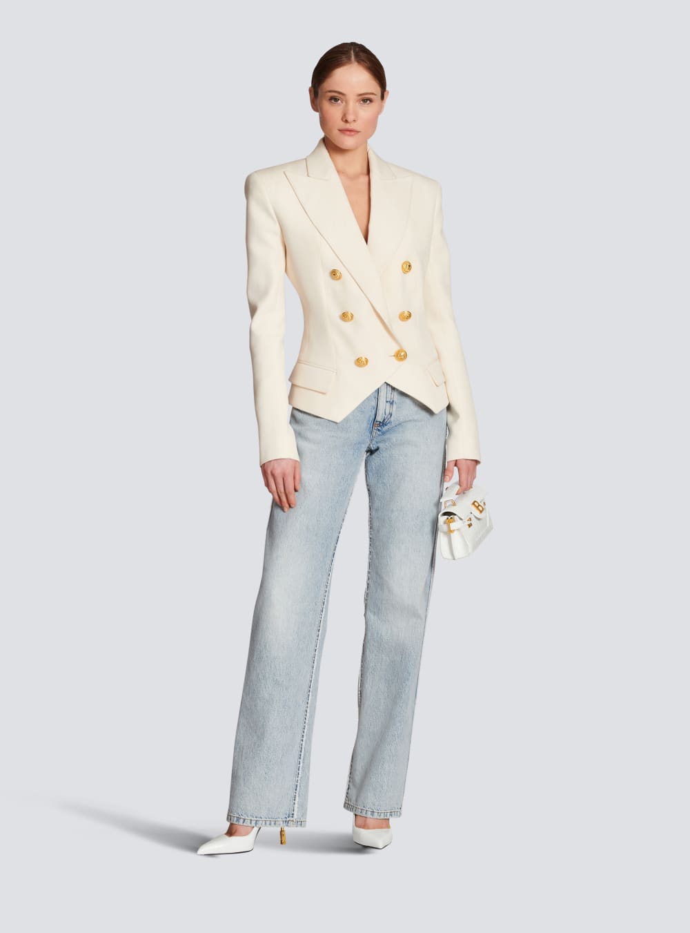 Women's Balmain Wool Double-breasted Blazers Beige | USA MTzWMzL4