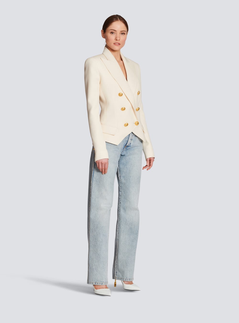 Women's Balmain Wool Double-breasted Blazers Beige | USA MTzWMzL4