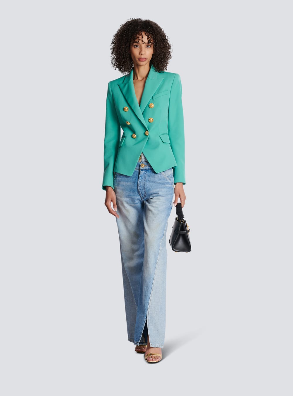 Women's Balmain Wool Double-breasted Blazers Blue | USA qJbkAcvh