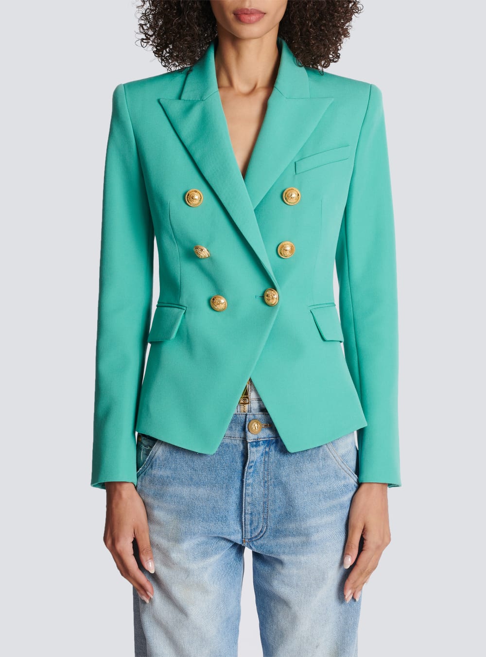 Women's Balmain Wool Double-breasted Blazers Blue | USA qJbkAcvh