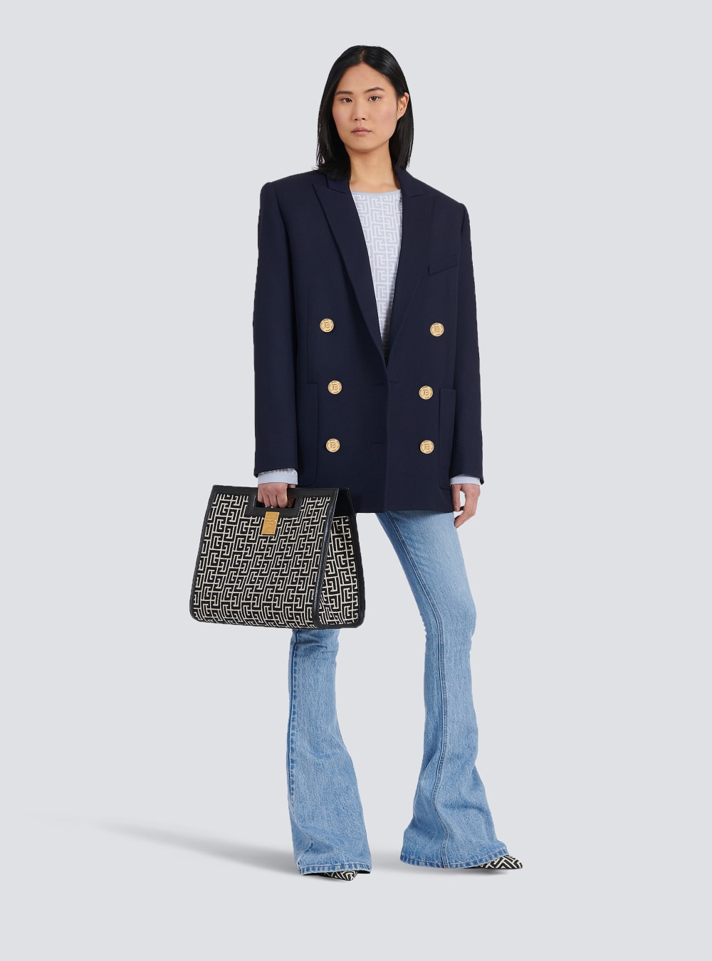 Women's Balmain Wool Double-breasted Boyfriend Jackets Navy | USA WAmE7Vua