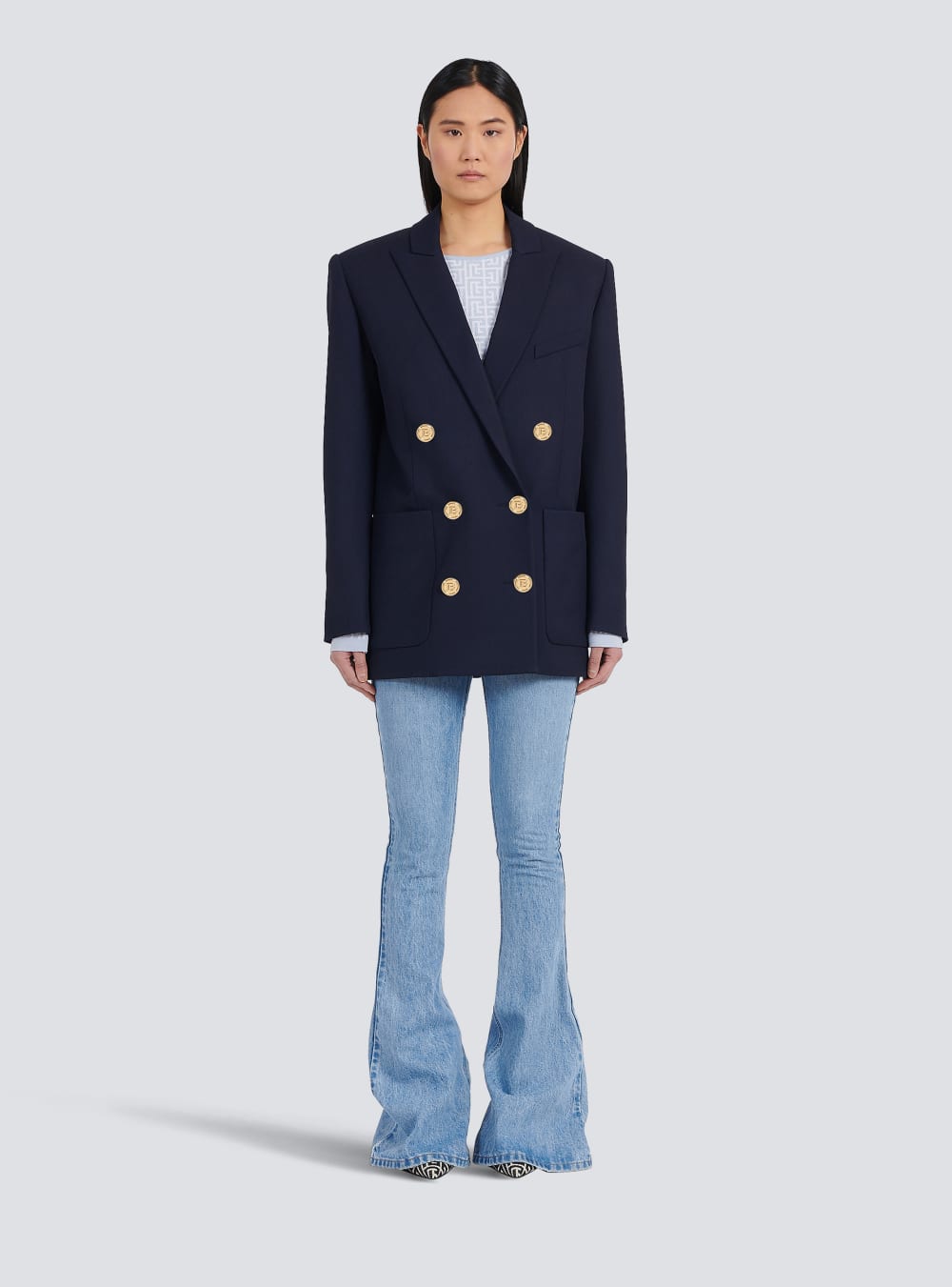 Women's Balmain Wool Double-breasted Boyfriend Jackets Navy | USA WAmE7Vua