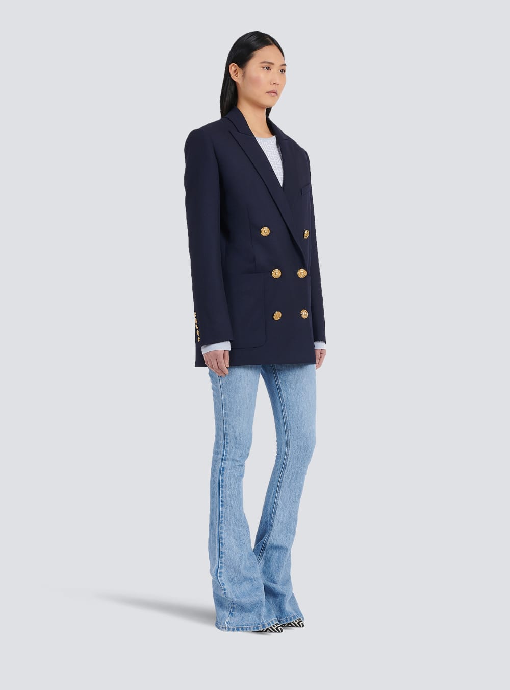 Women's Balmain Wool Double-breasted Boyfriend Jackets Navy | USA WAmE7Vua