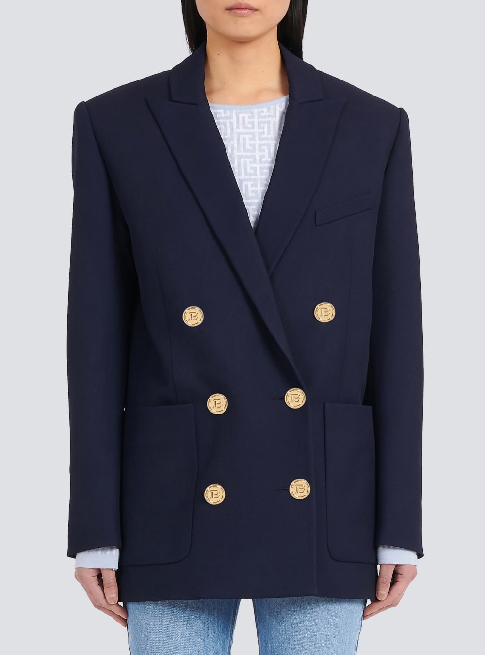 Women's Balmain Wool Double-breasted Boyfriend Jackets Navy | USA WAmE7Vua