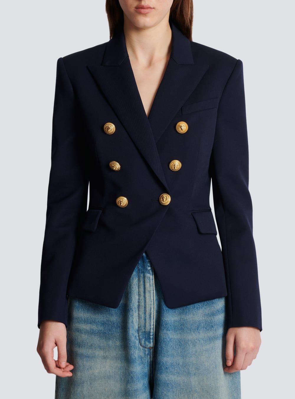 Women's Balmain Wool Double-breasted Jackets Navy | USA qSpBrtST