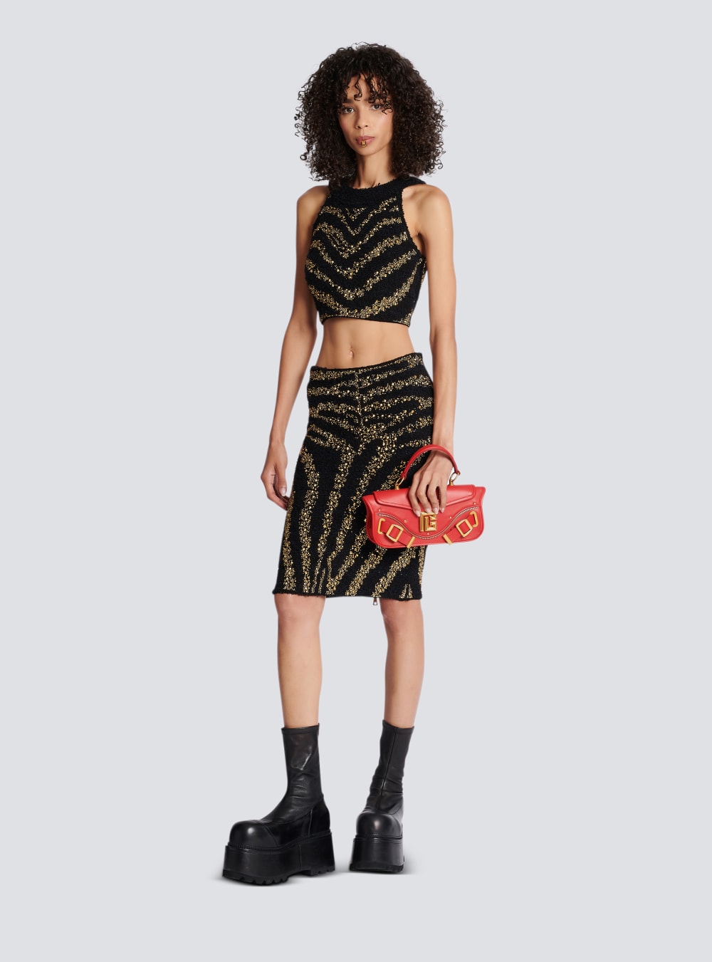 Women's Balmain Zebra Tweed Crop Tops Black | USA MRIZqmH8