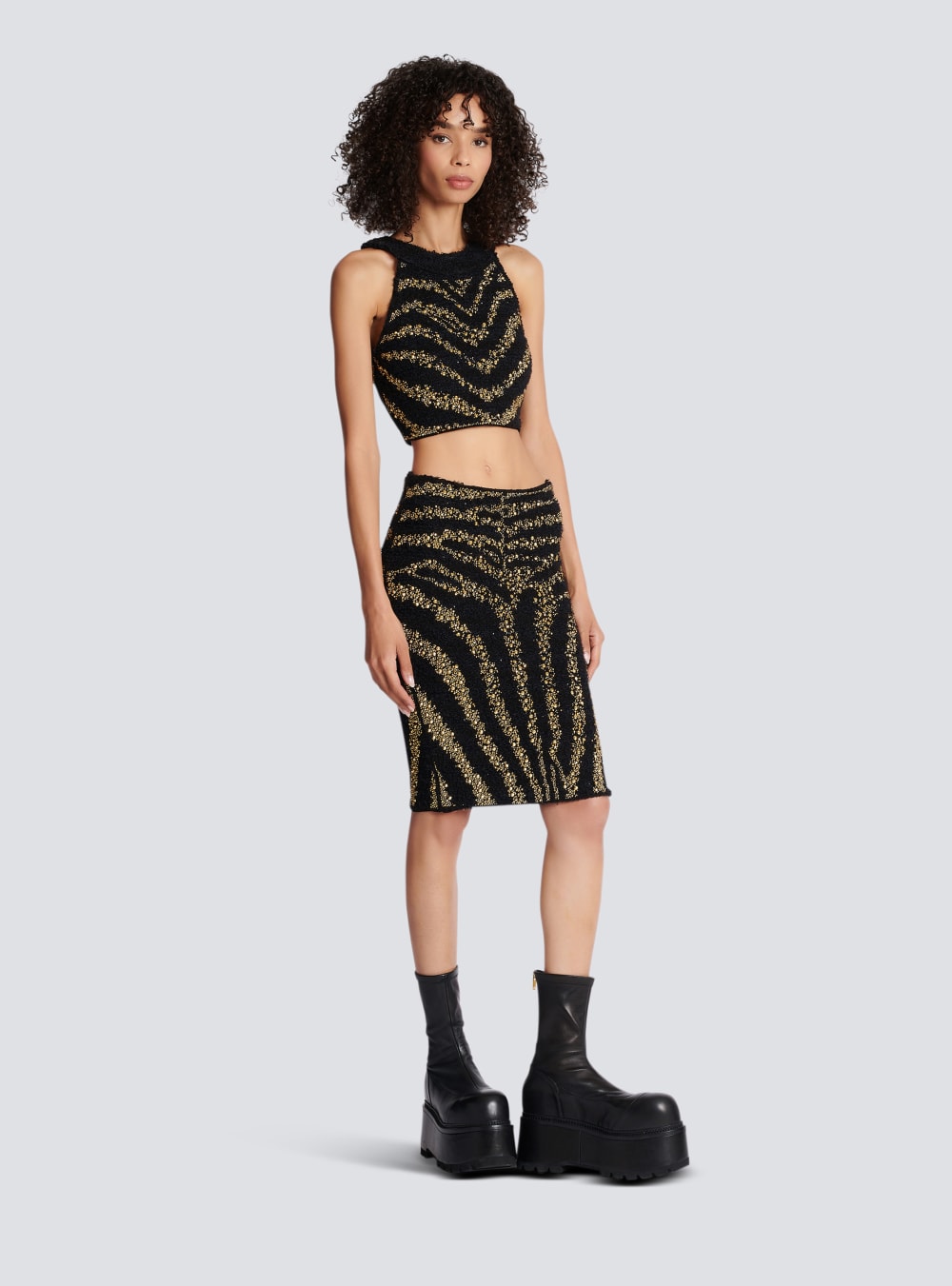 Women's Balmain Zebra Tweed Crop Tops Black | USA MRIZqmH8