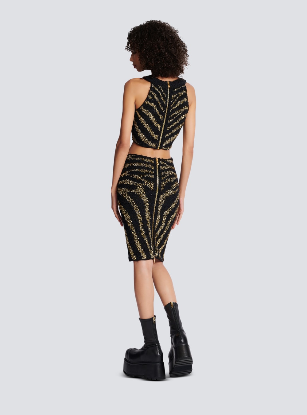 Women's Balmain Zebra Tweed Crop Tops Black | USA MRIZqmH8